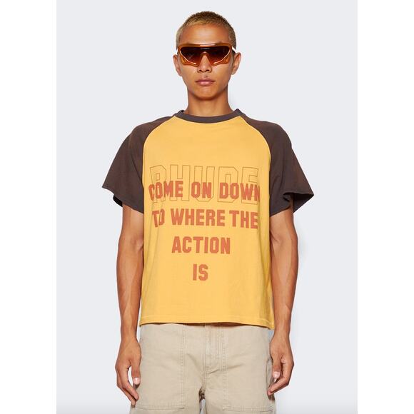 NEW Rhude Men's Action Short Sleeve Raglan T-Shirt Size XXL Casual Yellow Brown